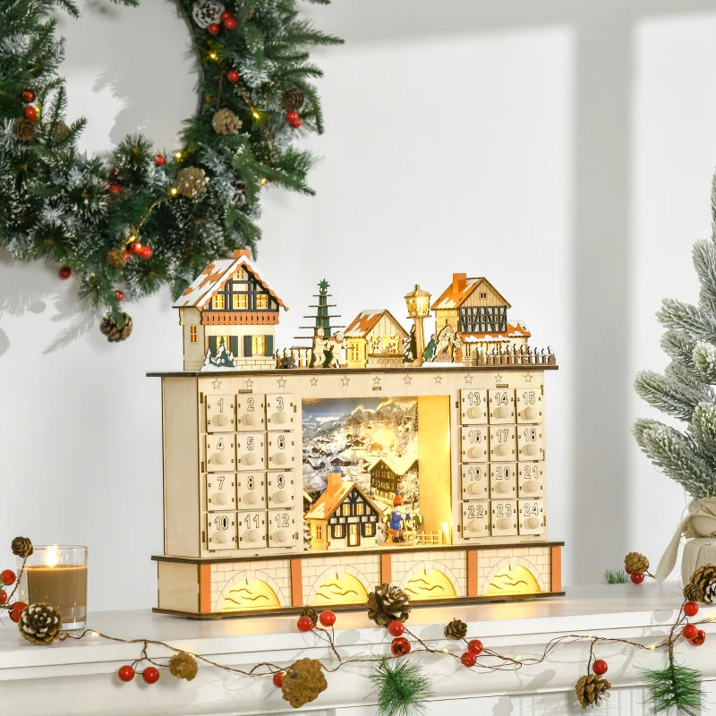 Christmas Advent Calendar, Light Up Table Xmas Wooden Store Holiday Decoration with Countdown Drawer, Village, for Kids and Adults, Natural