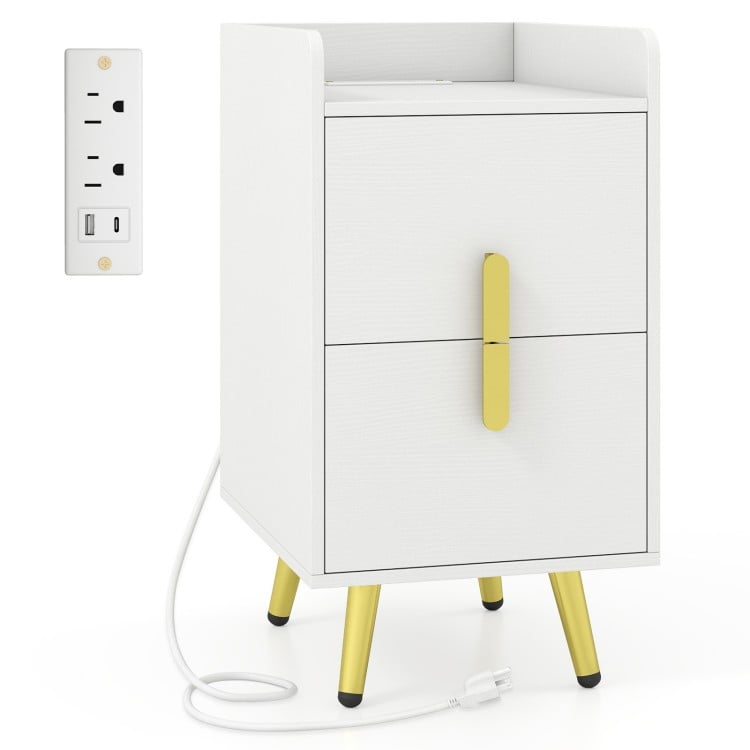 Nightstand Side Tables with 2 Drawers and 2 USB Ports-White