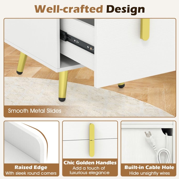 Nightstand Side Tables with 2 Drawers and 2 USB Ports-White
