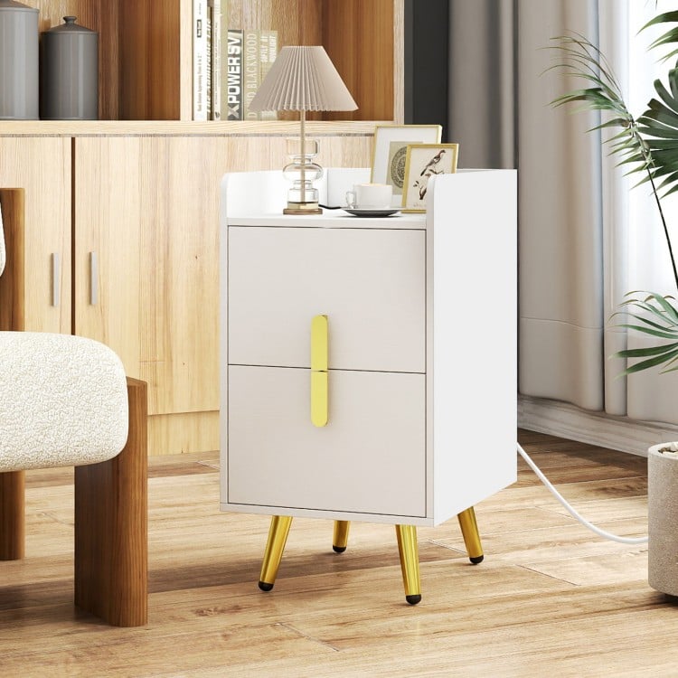 Nightstand Side Tables with 2 Drawers and 2 USB Ports-White