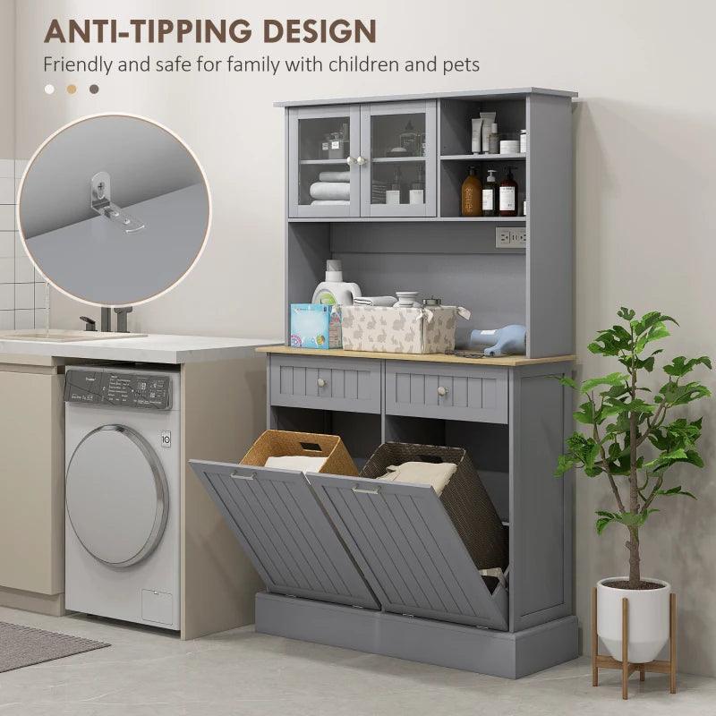 Kitchen Cabinet with Charging Station, 2 Tilt Out Cabinets, Microwave Stand, Freestanding Kitchen Pantry Cabinet, Grey