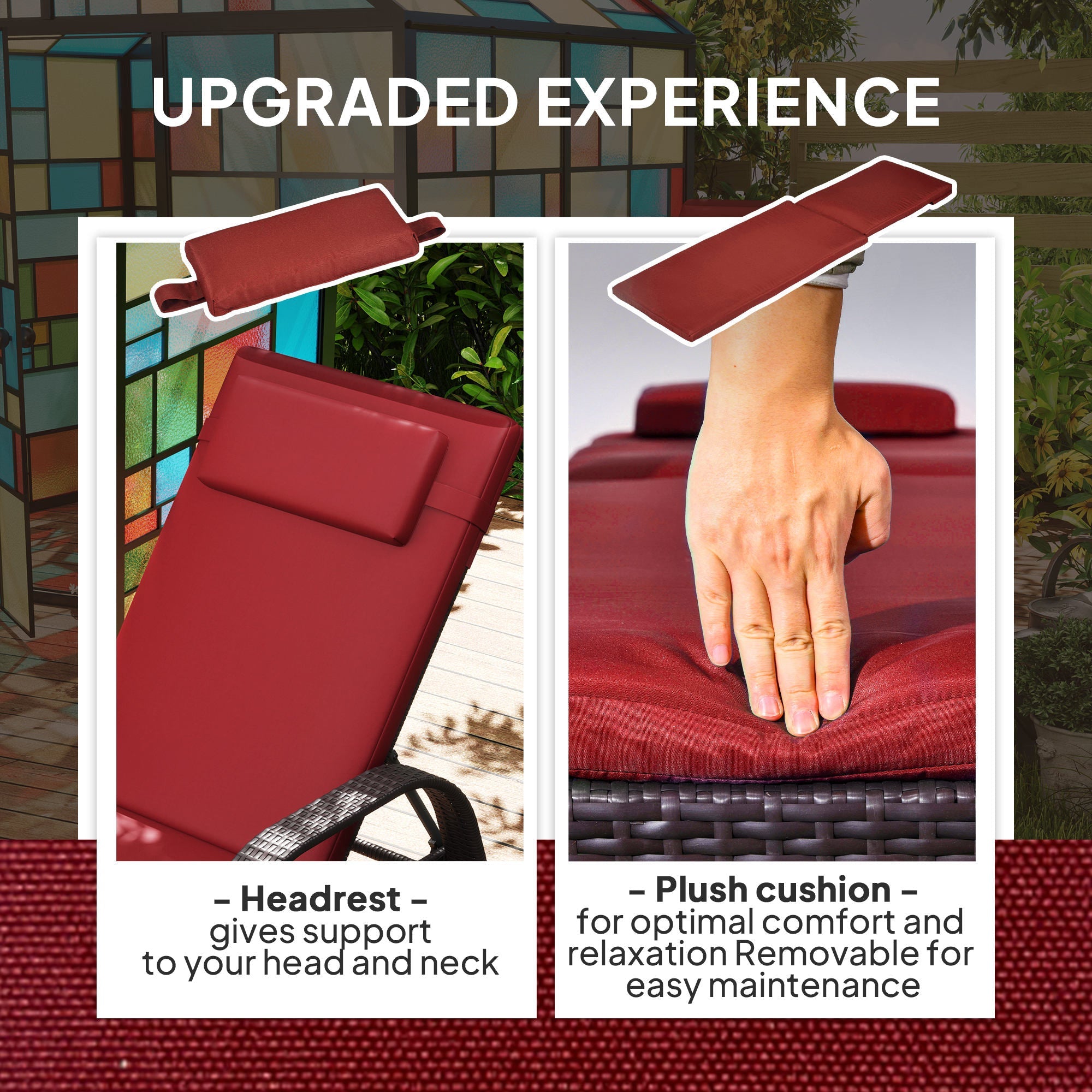 Outsunny Outdoor Lounger, Deck Lounge Chair with Headrest, 5-Level Adjustable, Backrest, Wheels, Deep Coffee and Wine Red