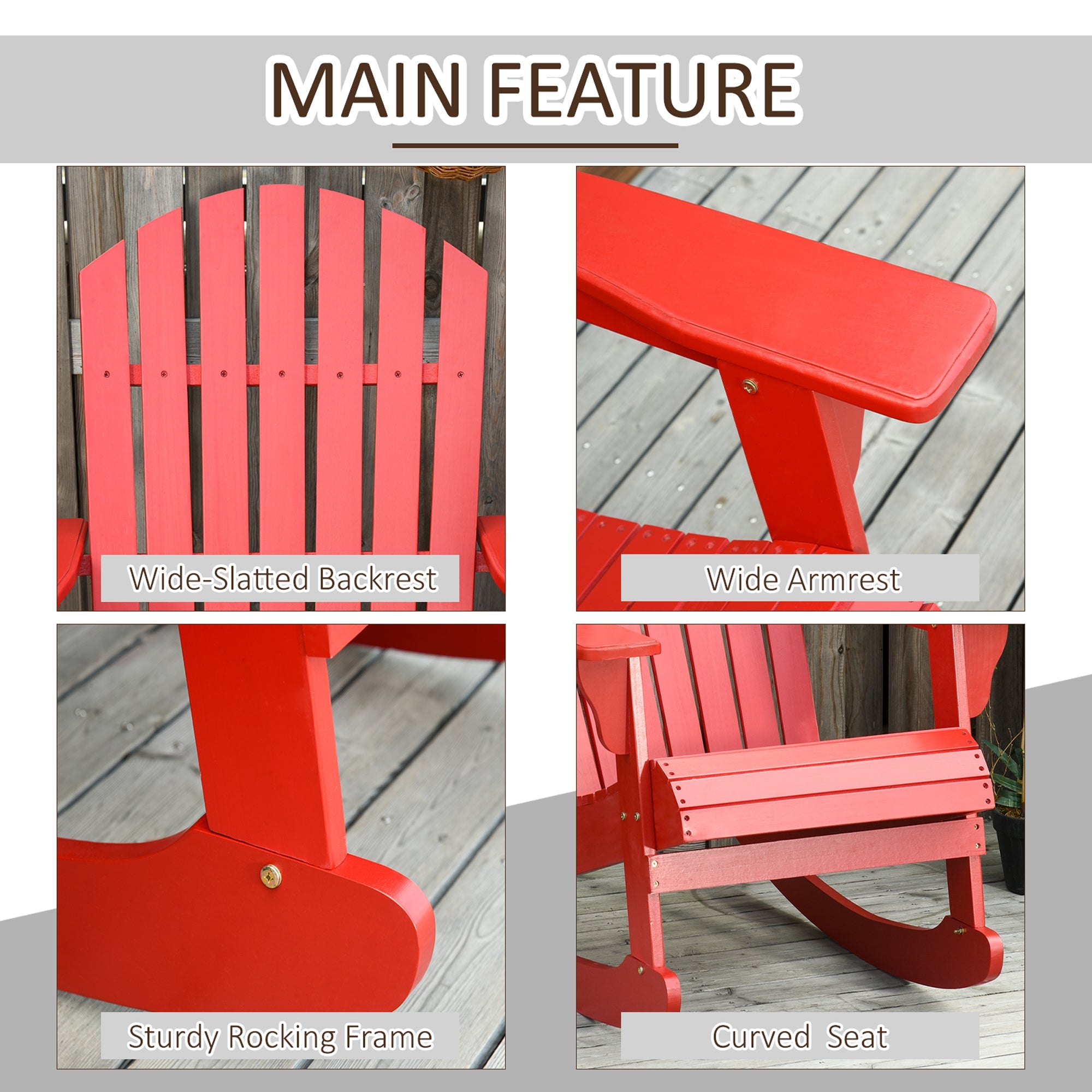Outsunny Wooden Adirondack Rocking Chair with Slatted Wooden Design, Fanned Back, & Classic Rustic Style, Red