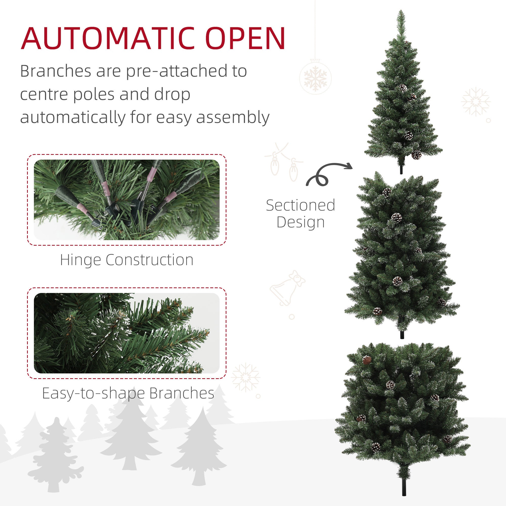 HOMCOM 6ft Artificial Pencil Christmas Tree with 618 Branches, Pinecones, Metal Stand, Realistic Xmas Tree for Home