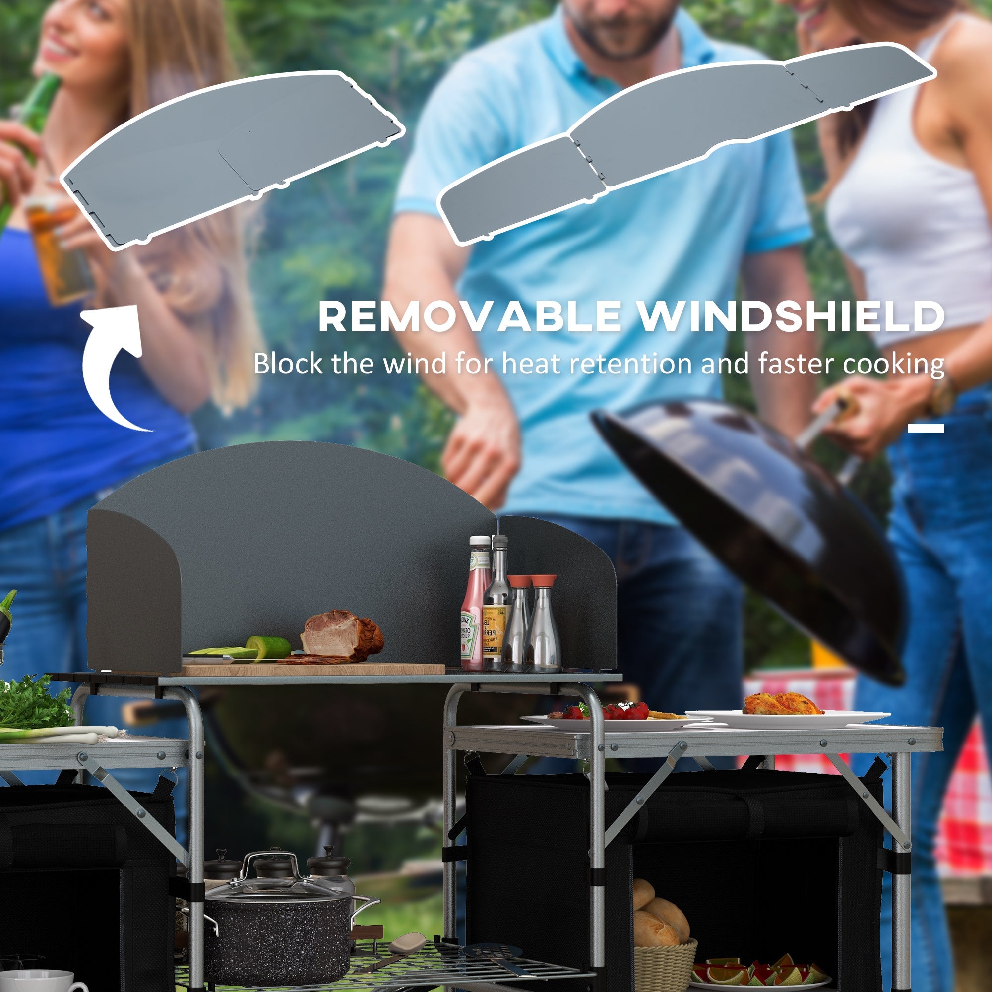 Outsunny Folding Camping Table with Windshield Aluminum Portable Kitchen Cupboards BBQ Camp Party Picnic