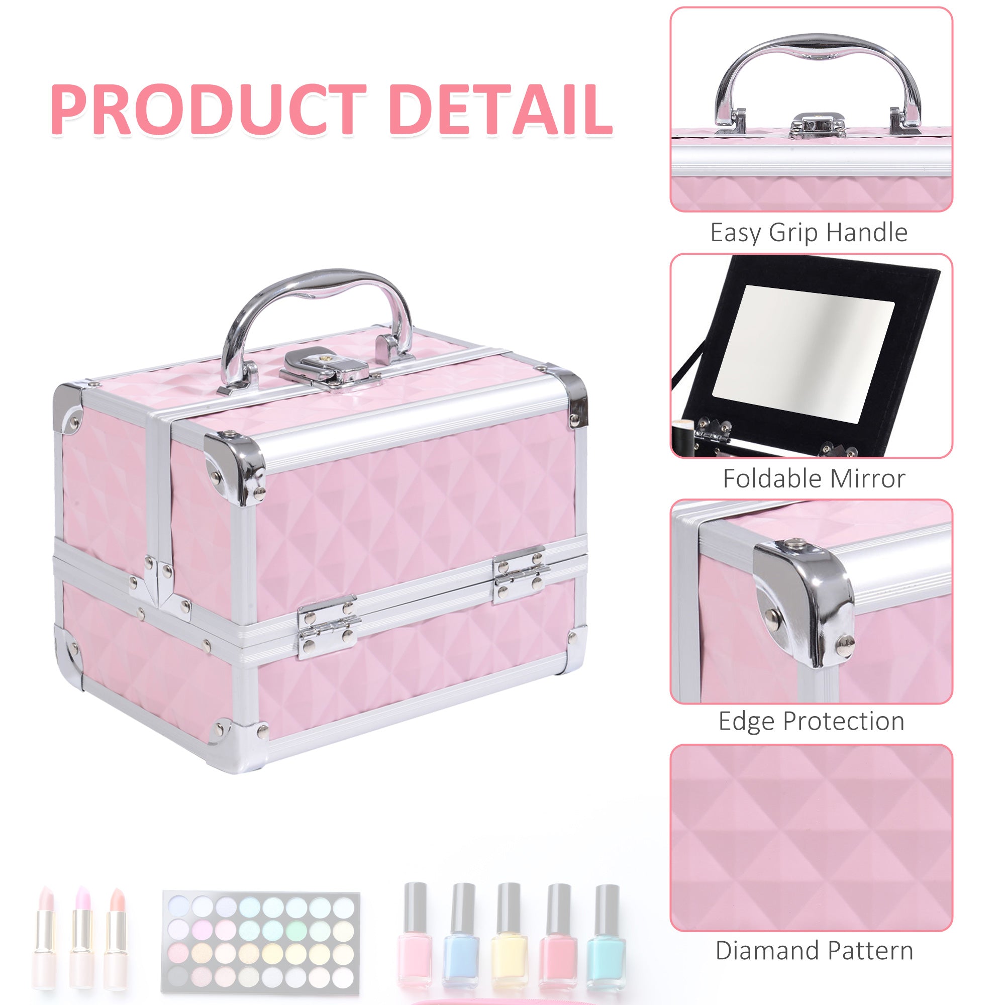 HOMCOM Cosmetic Train Case 3 Tier Diamond Texture Organizer with Mirror Portable Pink 8"x6"x6"