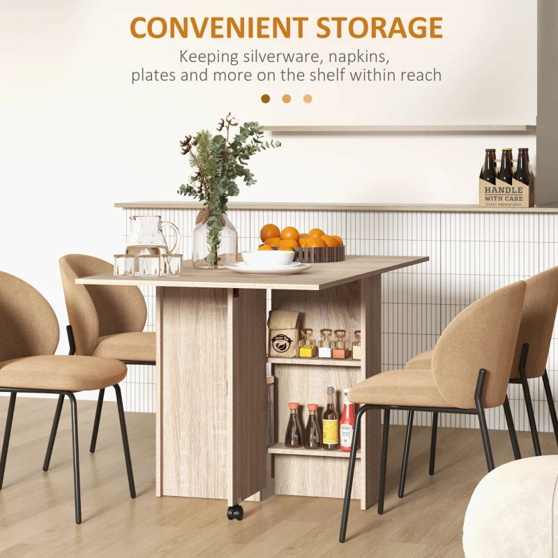 Extendable Dining Table, Collapsible Folding Table w/ 2-tier Shelves and Rolling Casters, Nature Wood