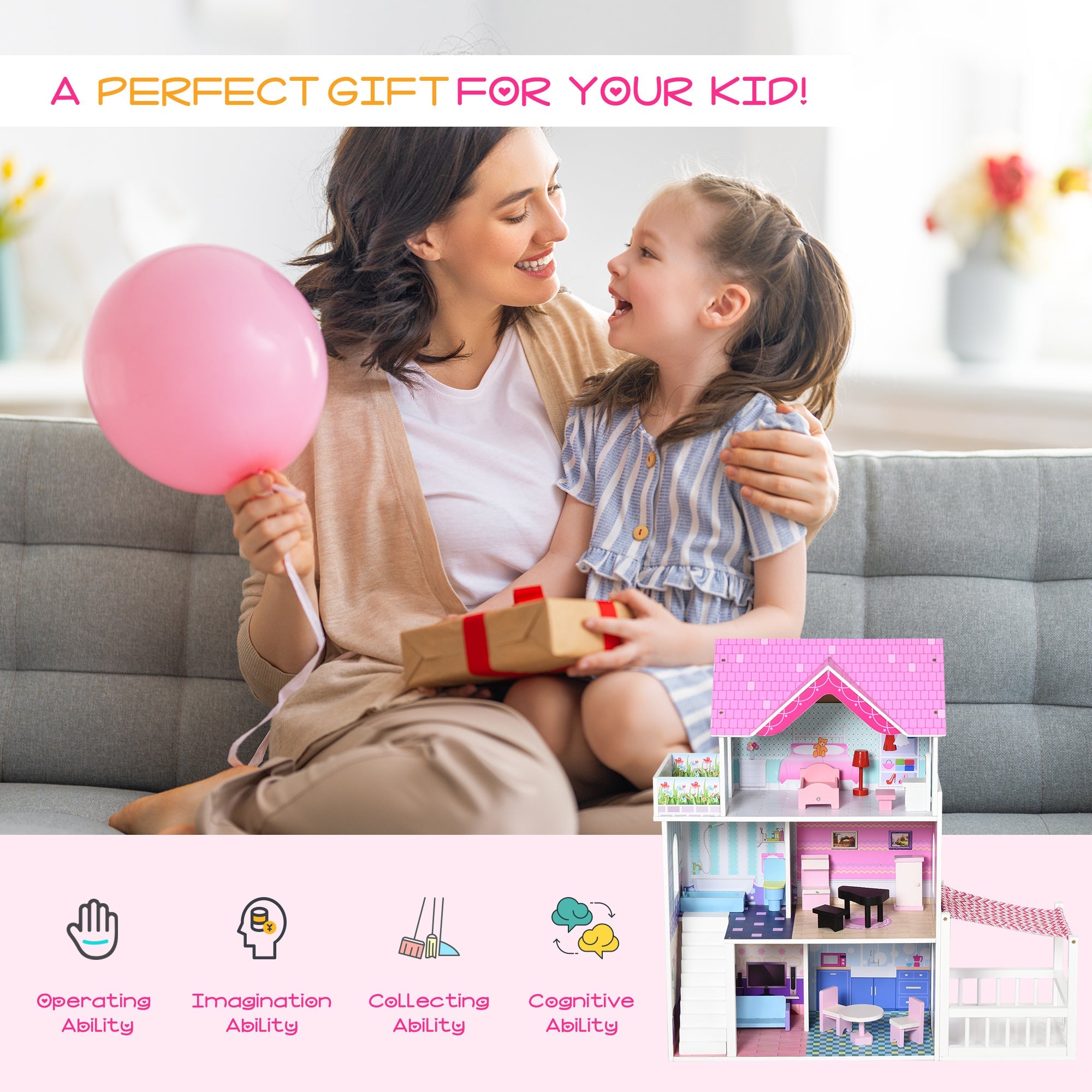 Qaba Kids Wooden Dollhouse Dreamhouse Villa w/ Patio Dollhouse w/ Furniture Accessories Kit for Toddler Multi-level House Pink