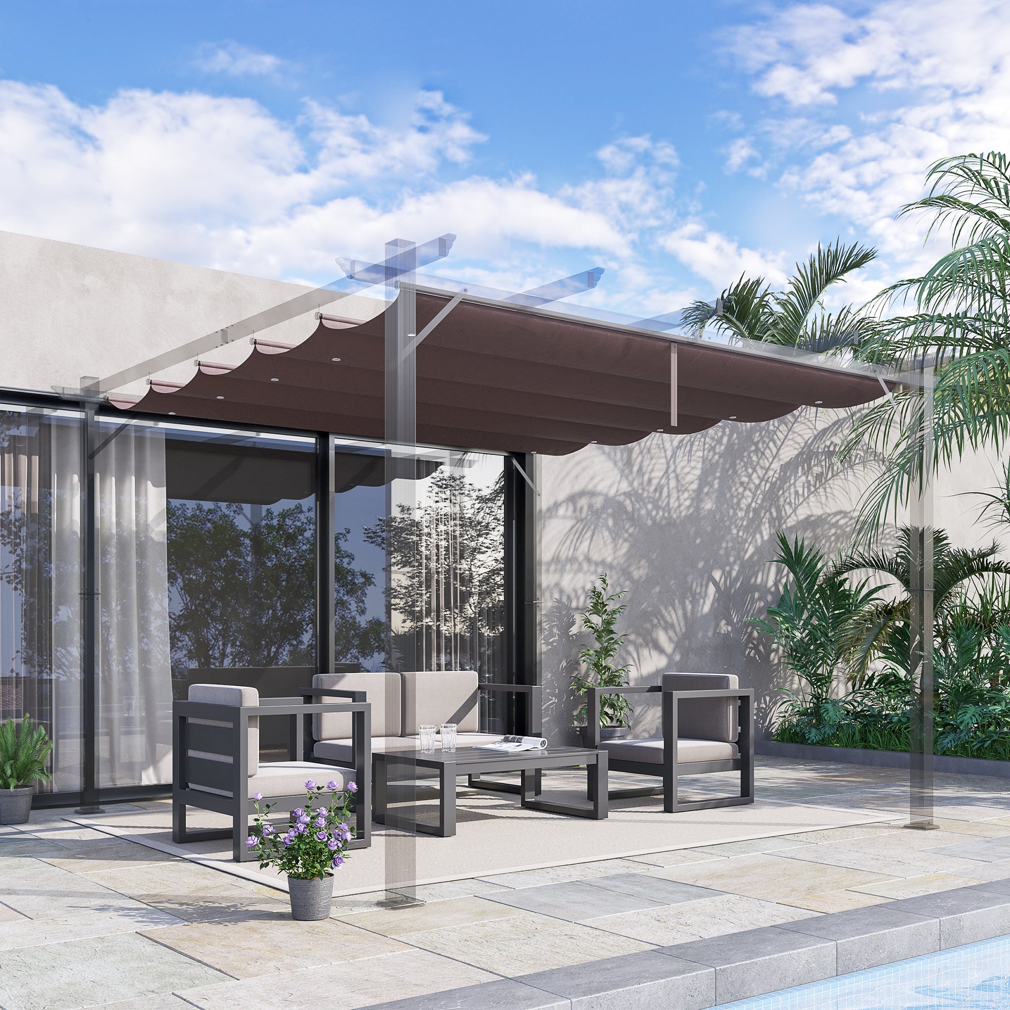 Outsunny Pergola Canopy Replacement 9.8'x9.8', Retractable Cover, Durable Fabric, Coffee - Upgrade Your Outdoor Space