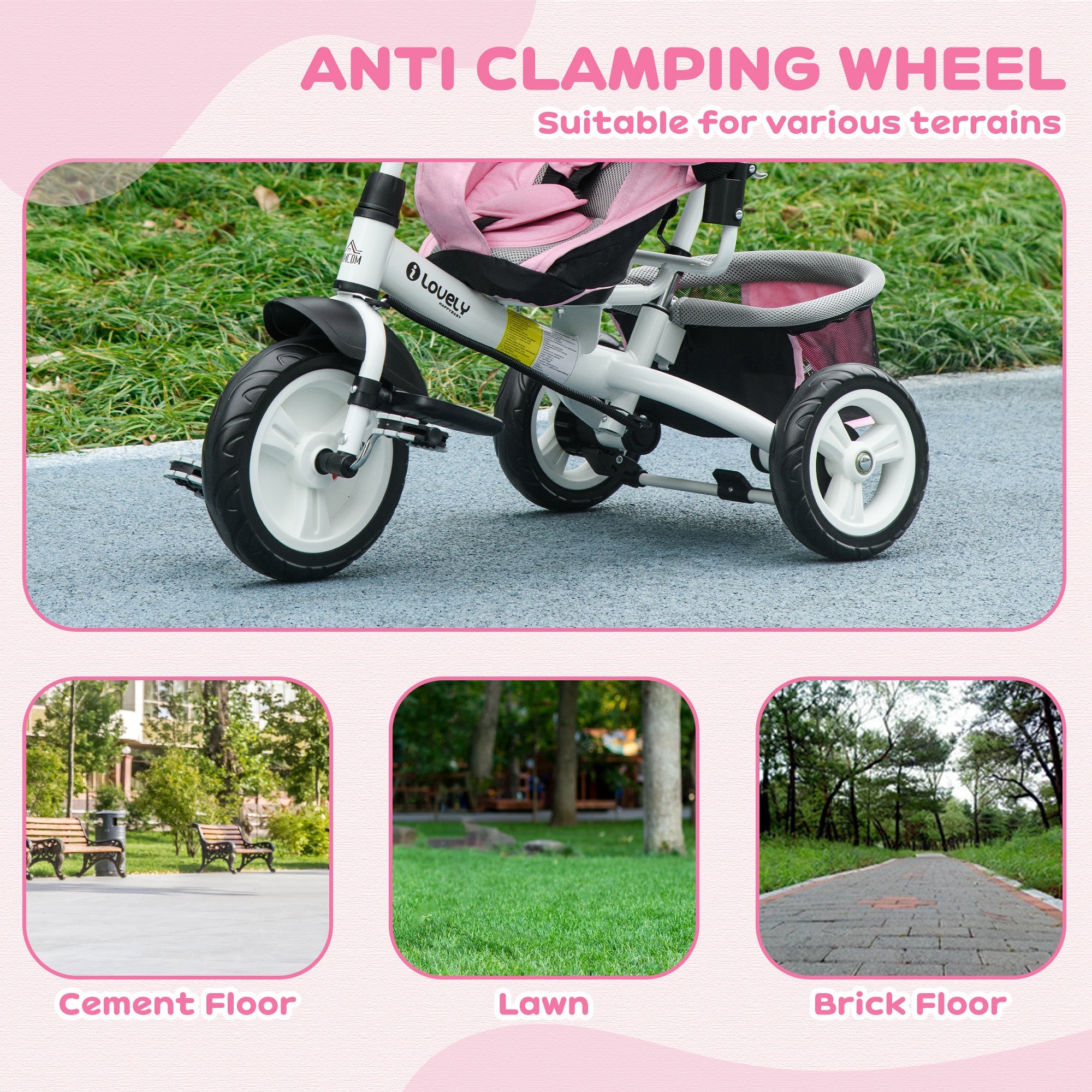 Qaba Convertible 4-in-1 Toddler Tricycle with Parent Handle for Kids 1-5 Years Outdoor Play Pink