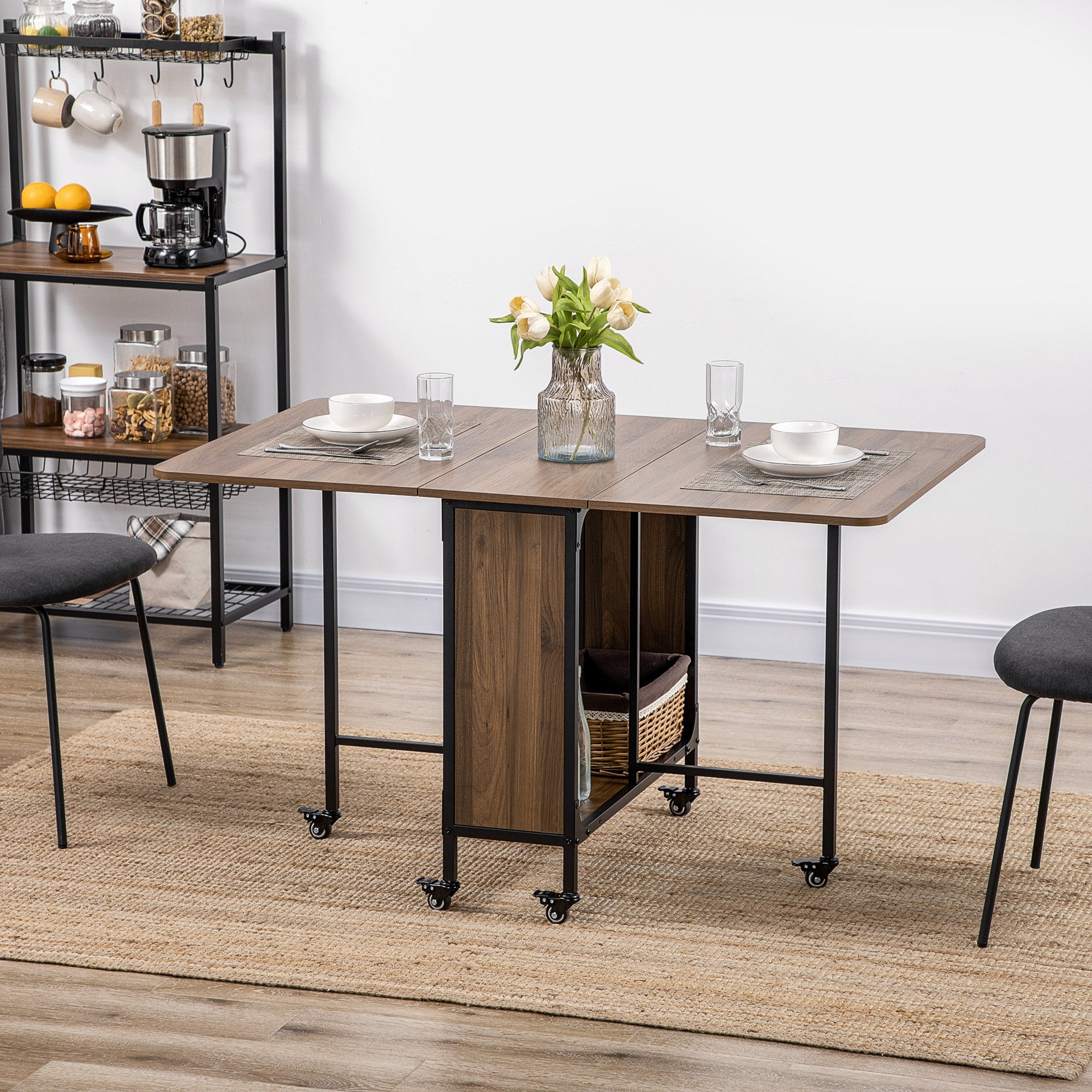HOMCOM Mobile Folding Extendable Dining Table for Small Spaces Storage Shelf 6 Wheels Space-Saving Design