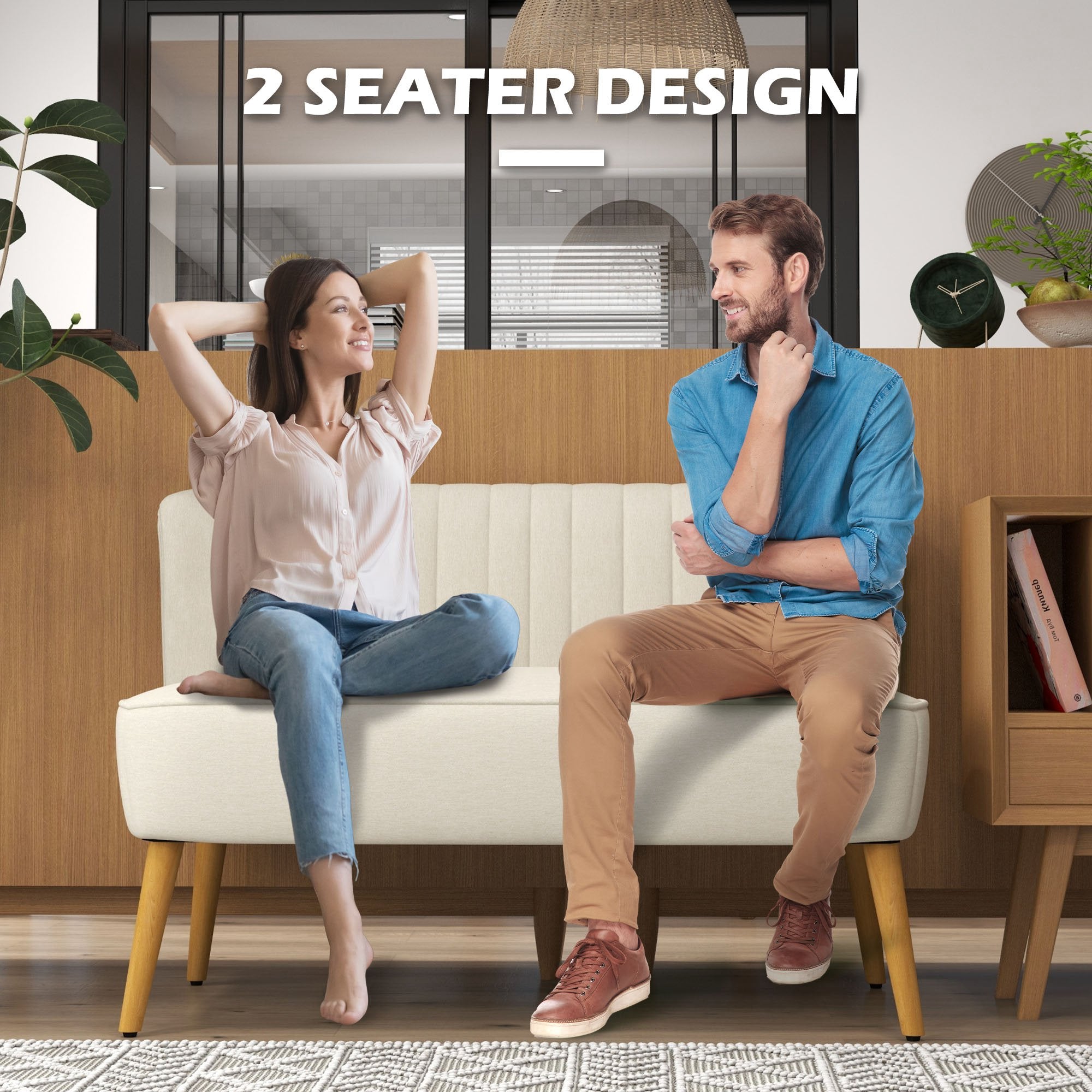HOMCOM Modern 2 Seat Sofa for Bedroom, Upholstered Two Seater Couch with Rubber Wood Legs, Cream White