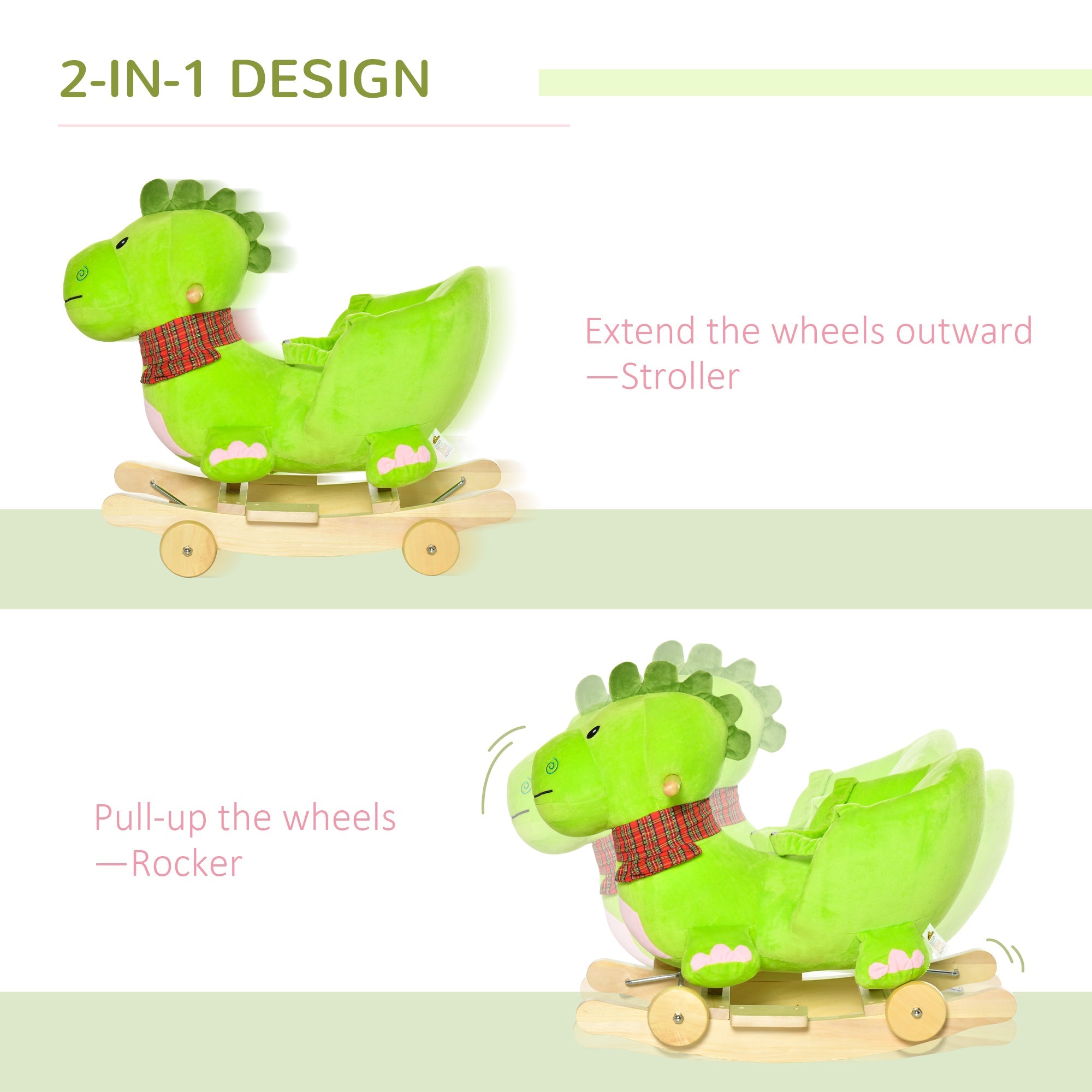 Qaba 2-in-1 Plush Ride-On Rocking Dinosaur Stroller with Nursery Rhymes Green for 18+ Months