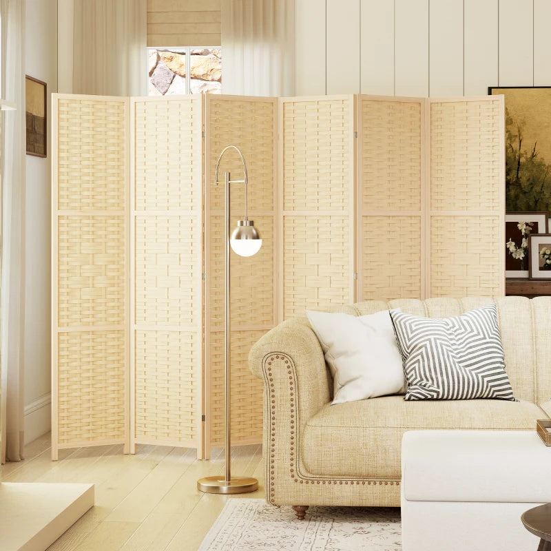 6-Panel Room Divider, 5.6 FT Freestanding Folding Privacy Screen, Partition Wall Divider, Natural Wood