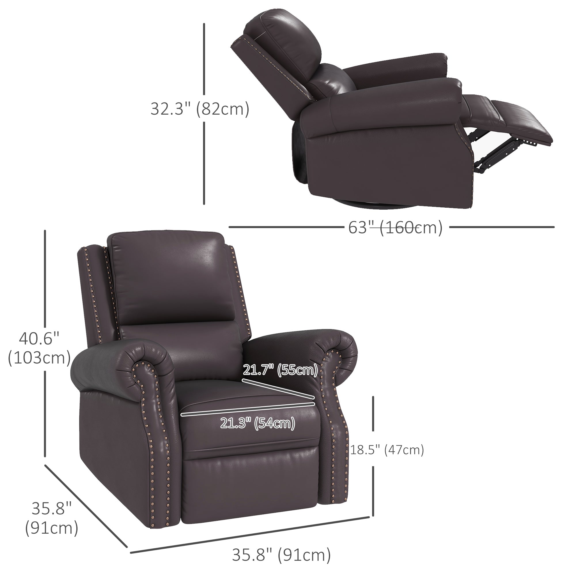HOMCOM Swivel Recliner Chair, Reclining Sofa, PU Leather Rocker with Thick Padded Back and Seat for Living Room, Brown