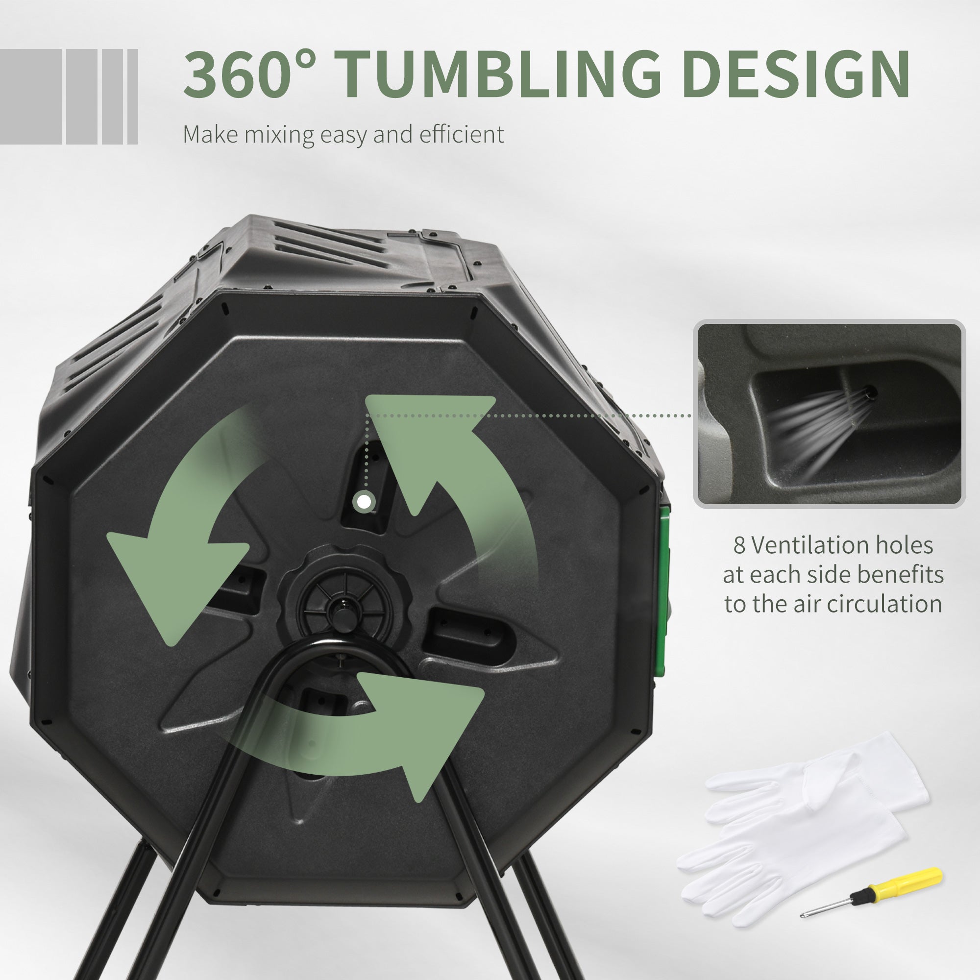 Outsunny Tumbling Compost Bin Outdoor Dual Chamber 360° Rotating Composter 43 Gallon w/ Sliding Doors & Solid Steel Frame, Green