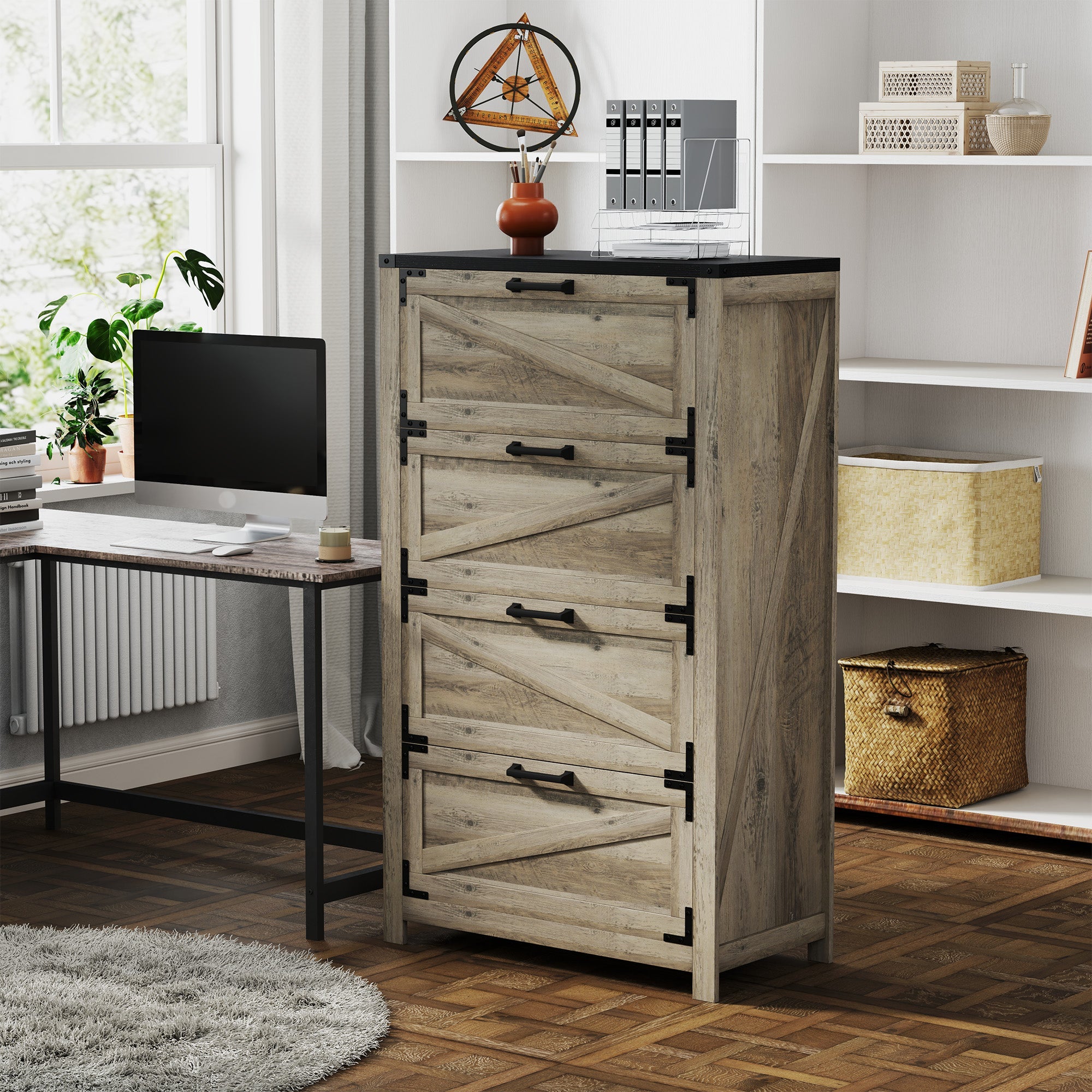 HOMCOM 4 Drawer Filing Cabinet, Farmhouse Office Storage Cabinet with Adjustable Hanging Bars for Letter, A4, Legal Size, Grey