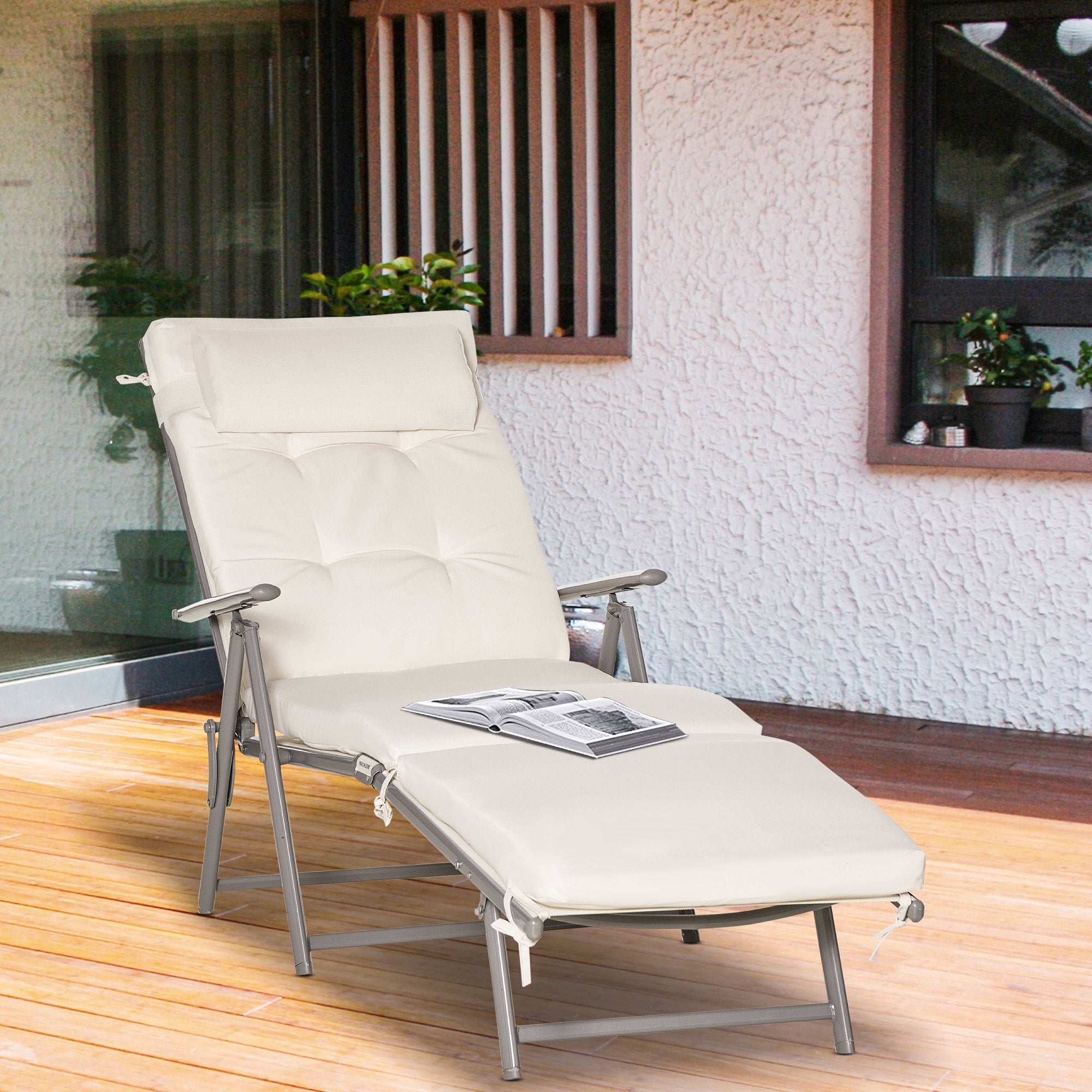 Outsunny Folding Chaise Lounge Outdoor Adjustable Recliner Chair Durable Cream White Comfort