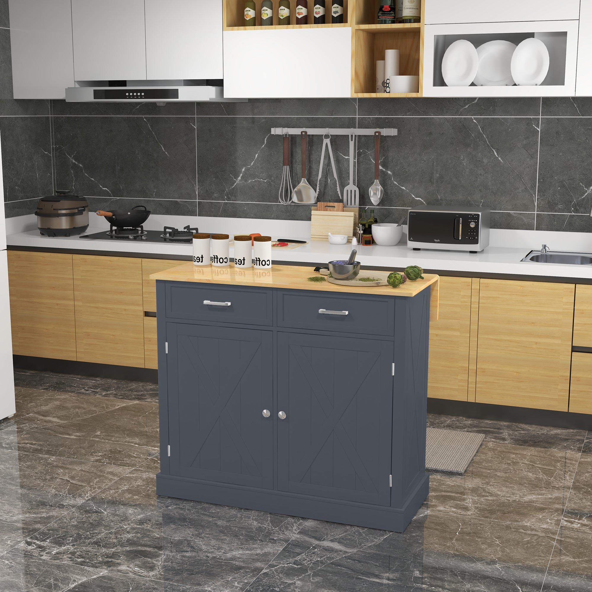 HOMCOM Slate Grey Galley Genius: Rubberwood Kitchen Island with Beadboard, Rolling Cart, 2 Drawers, Adjustable Shelves for Storage