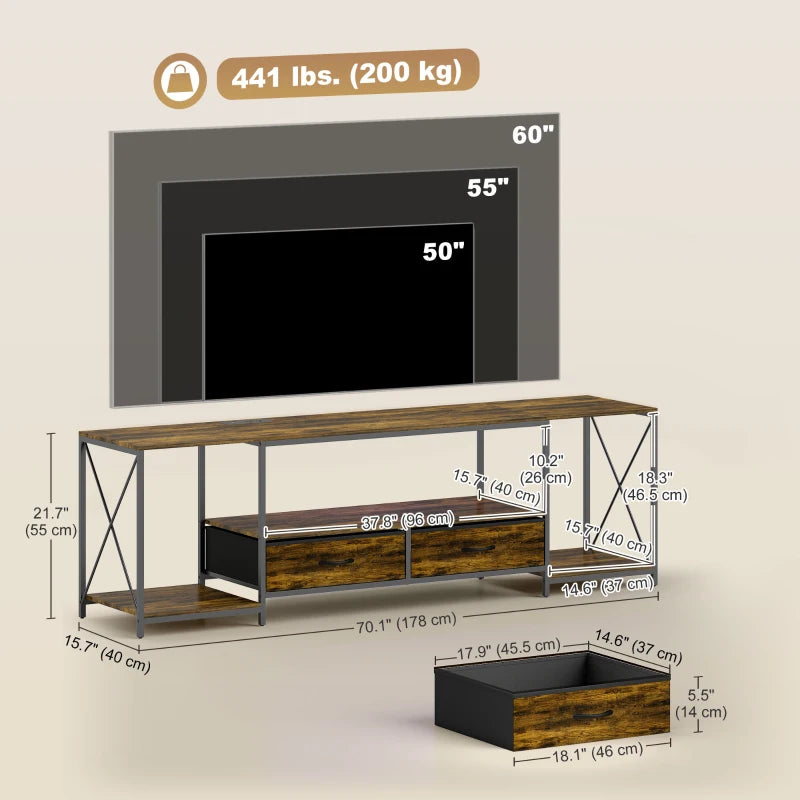Industrial TV Stand for up to 60 Inch TV, TV Console with Charging Station and RGB LED Lights, Rustic Brown