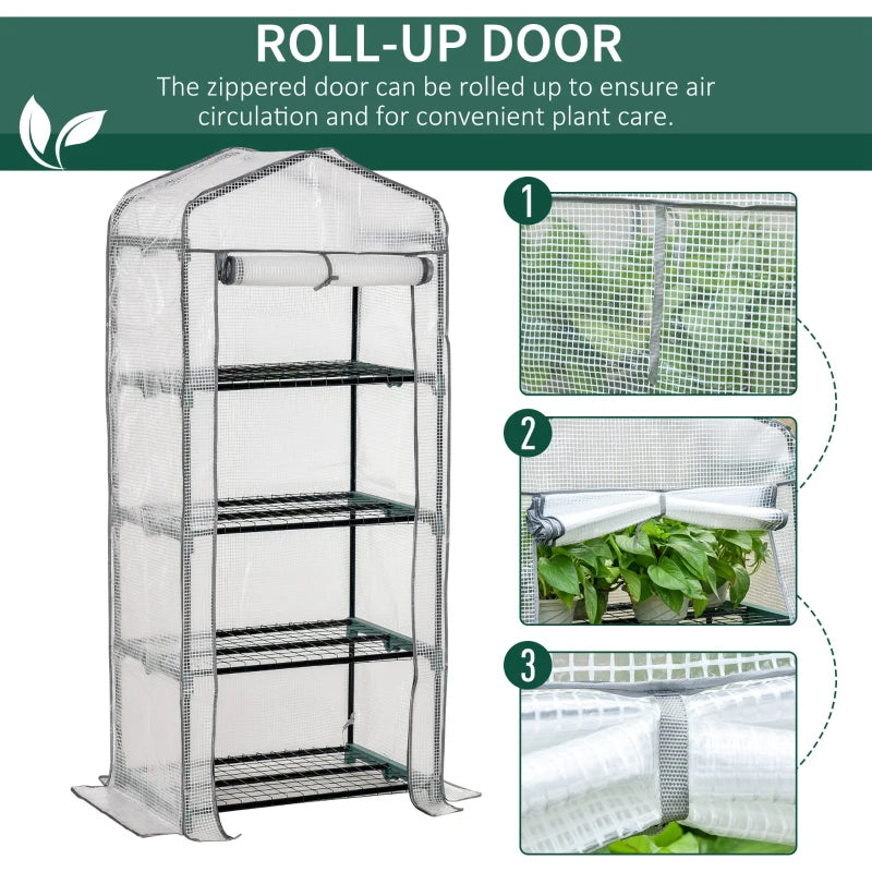 Portable Greenhouse Outdoor Hot House with 4 Tier Shelves, Steel Frame, PE Cover, 28" x 20" x 63" , White