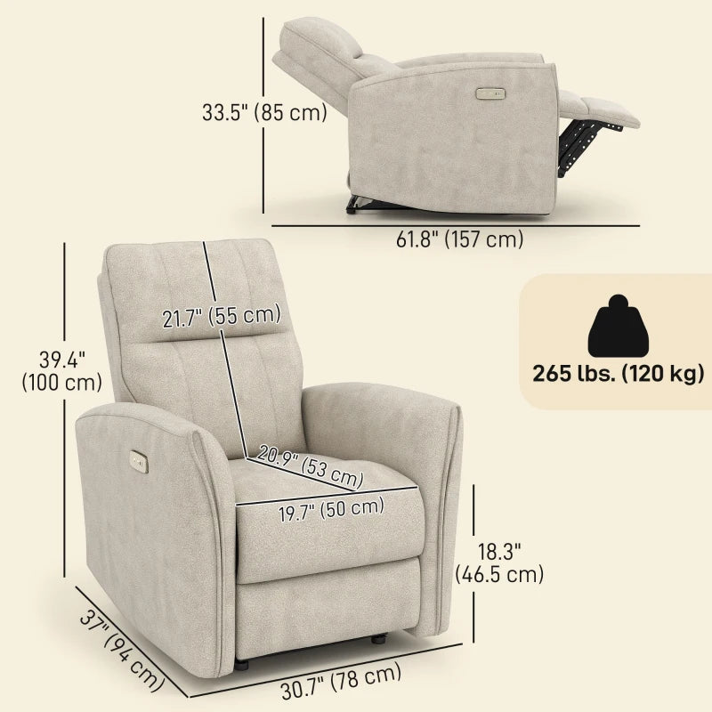 Power Recliner Chair, Fabric Upholstered Recliner Chair with USB Ports, Footrest, Beige
