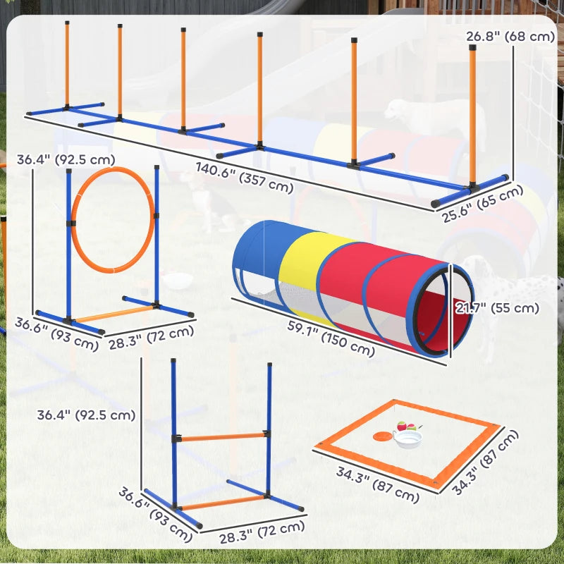 Dog Agility Training Equipment, 11-Piece Dog Obstacle Course with Adjustable Hurdle & Ring, 3 Tunnels, Weave Poles
