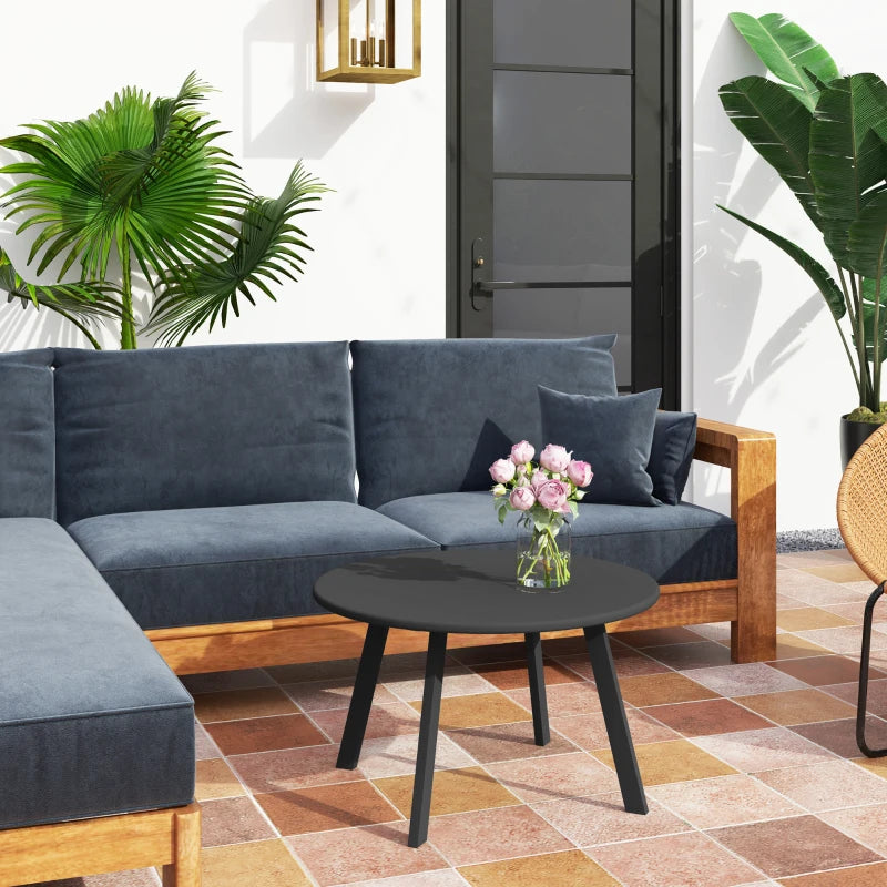 Round Outdoor Side Table, Patio Coffee Table with Metal Frame and Non-Slip Foot Pads, Black