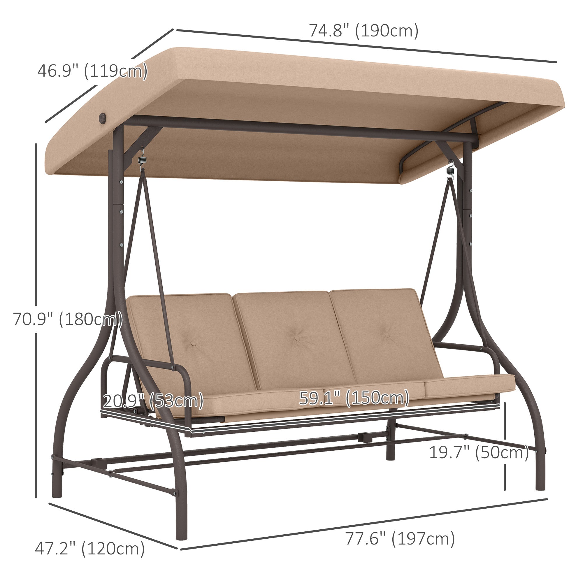 Outsunny Convertible Patio Swing Bed with Canopy and Cushions, 3 Seater Porch Swing for Outdoor, Backyard, Garden, Khaki