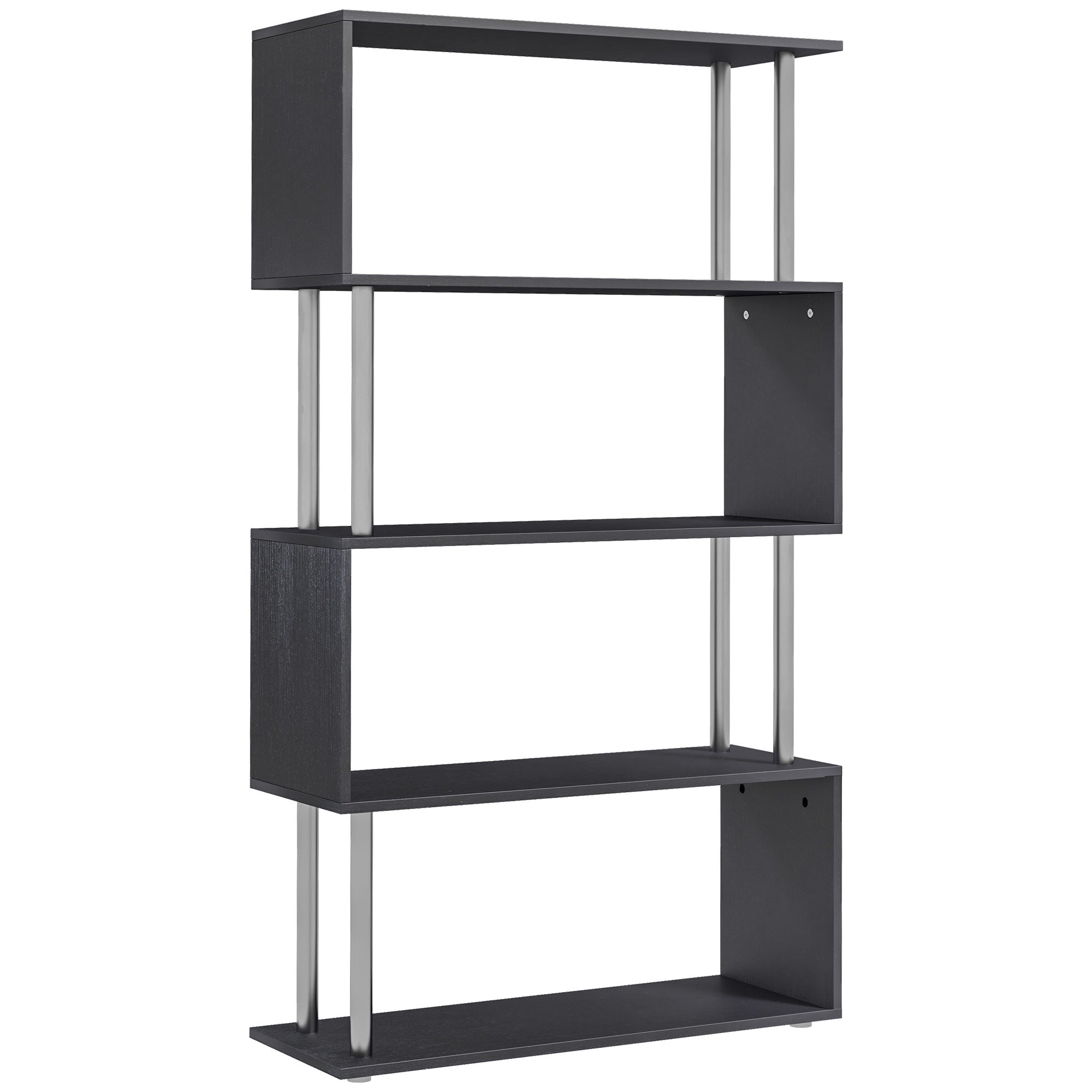 HOMCOM 5-Tier Z-Shape Bookcase: Wooden Shelves with Steel Frame for Living Room, Bedroom, Office, Black