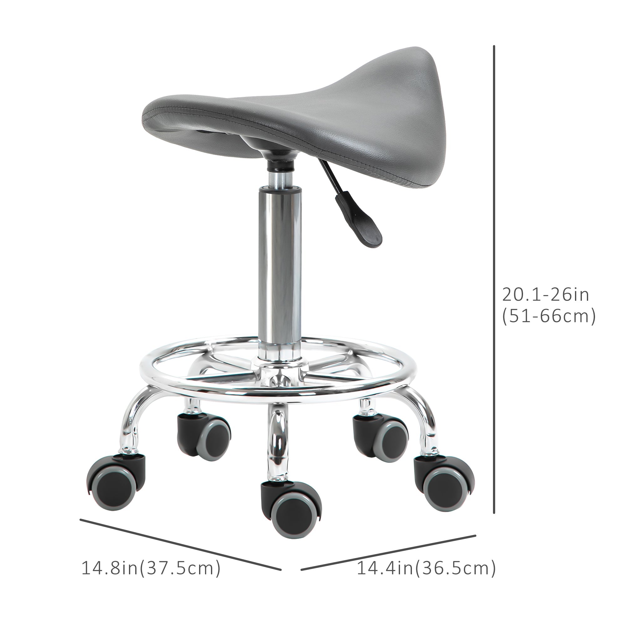 HOMCOM Saddle Stool PU Leather Adjustable Rolling Salon Chair Grey for Massage Spa Clinic Beauty Tattoo