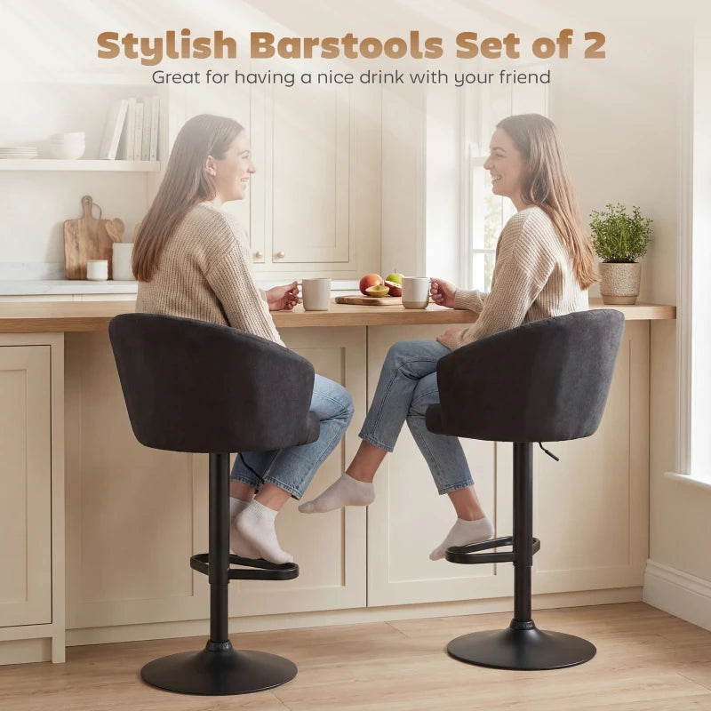 Adjustable Bar Stools Set of 2, Upholstered Kitchen Stools with Swivel Seat, Steel Frame, Footrest, Black