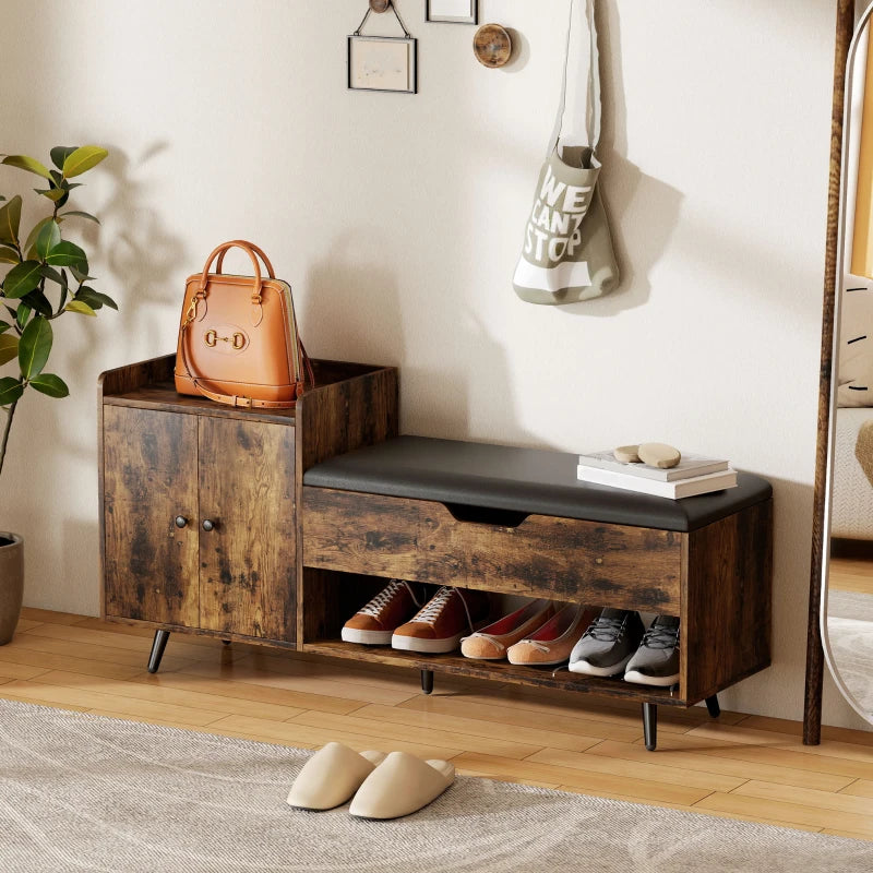 Storage Bench, Entryway Bench with Cushion, Hidden Storage, Compartments, Rustic Brown
