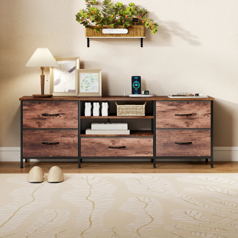 TV Stand for TVs up to 65 Inch, Industrial TV Console with Charging Station, 5 Drawers and Open Shelves, Rustic Brown