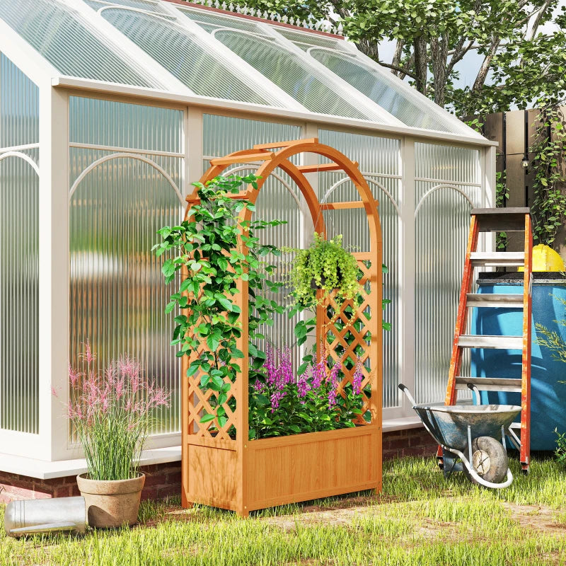 Wooden Raised Garden Bed with Arch Trellis, 33" x 14" x 57" Raised Planter Box with Drainage Holes, Trellis Planter for Vine Climbing Plants