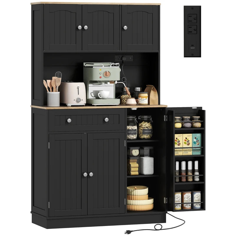 68" Pantry Cabinet with Charging Station, Kitchen Storage Cabinet with Microwave Stand, 4 Door Racks, Black