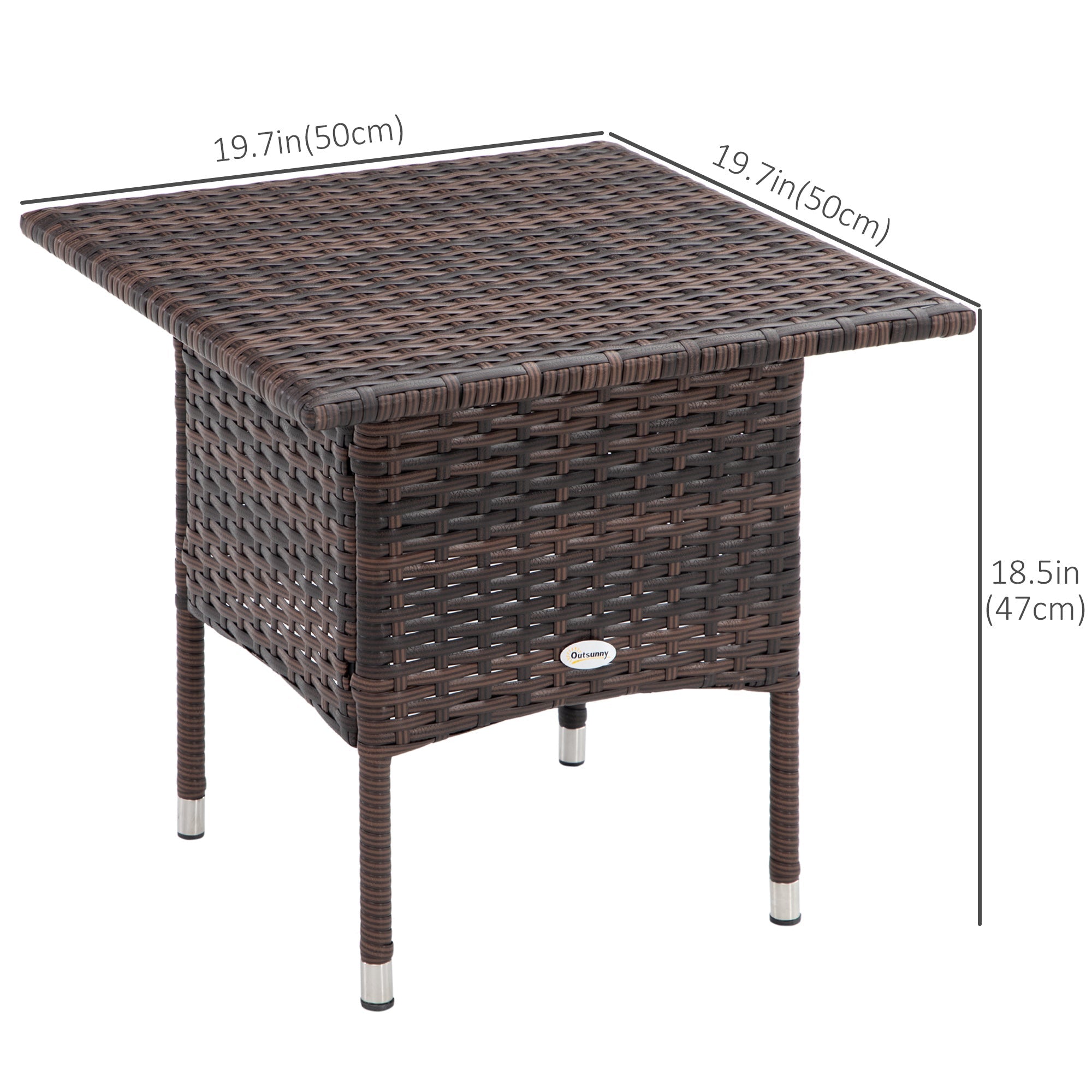 Outsunny Rattan End Table, Outdoor Coffee Table, with Plastic Board Under the Full Woven Table Top, Mixed Brown