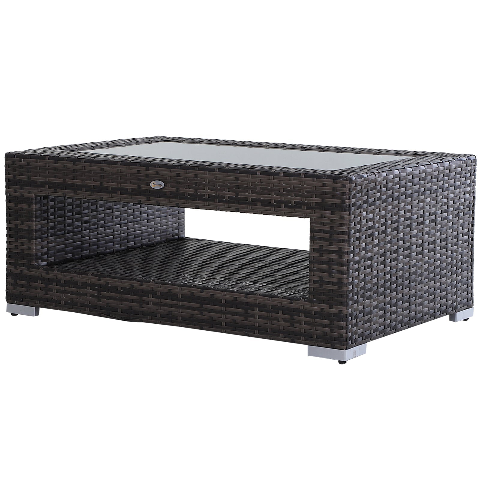 Outsunny Rattan Patio Coffee Table 2-Tier Outdoor Side Table with Tempered Glass Top Storage Wicker Garden Tea Desk