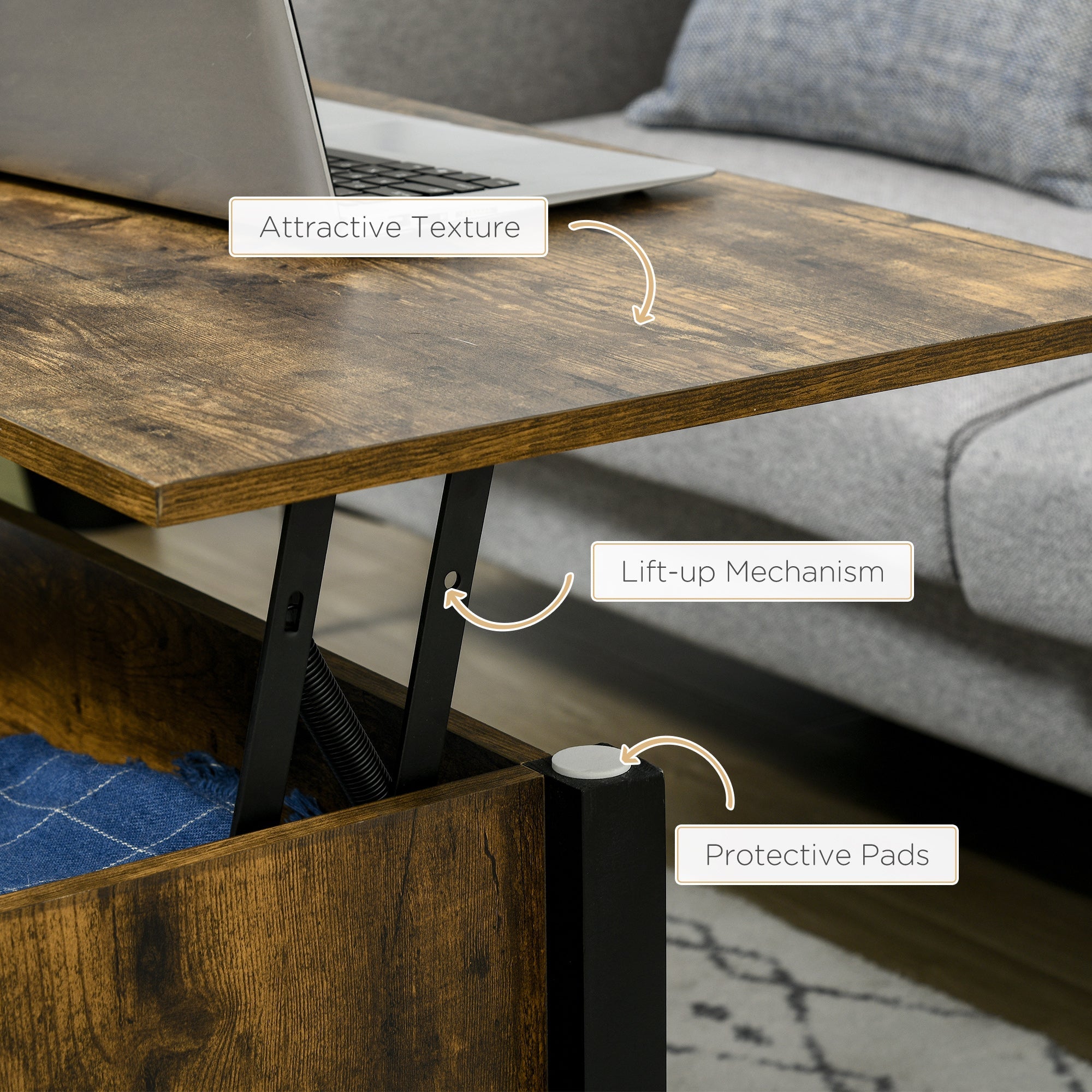 HOMCOM Rustic Lift-Top Retreat: Coffee Table with Hidden Storage, 3 Lower Shelves, Pop-Up Design in Brown Finish for Living Room