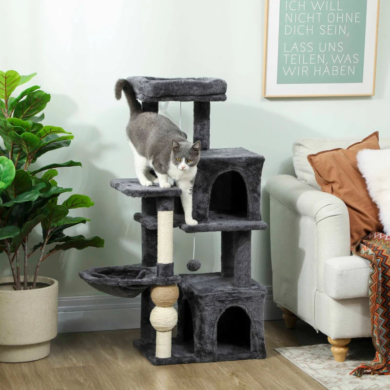 Cat Tower, 42" Multi-Level Cat Tree with Padded Plush Perch, Hammock, 2 Door Condos, Scratching Posts, Toy Balls
