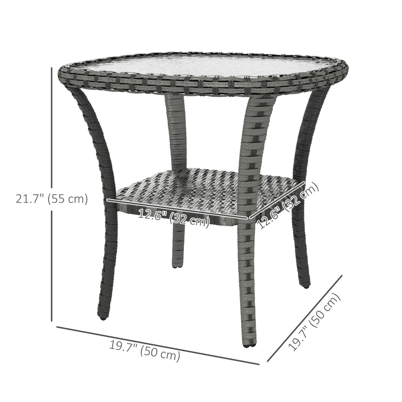Outdoor Coffee Table with Storage Shelf, Hand-Woven Wicker Side Table with Water-Ripple Glass Top, Mix Grey