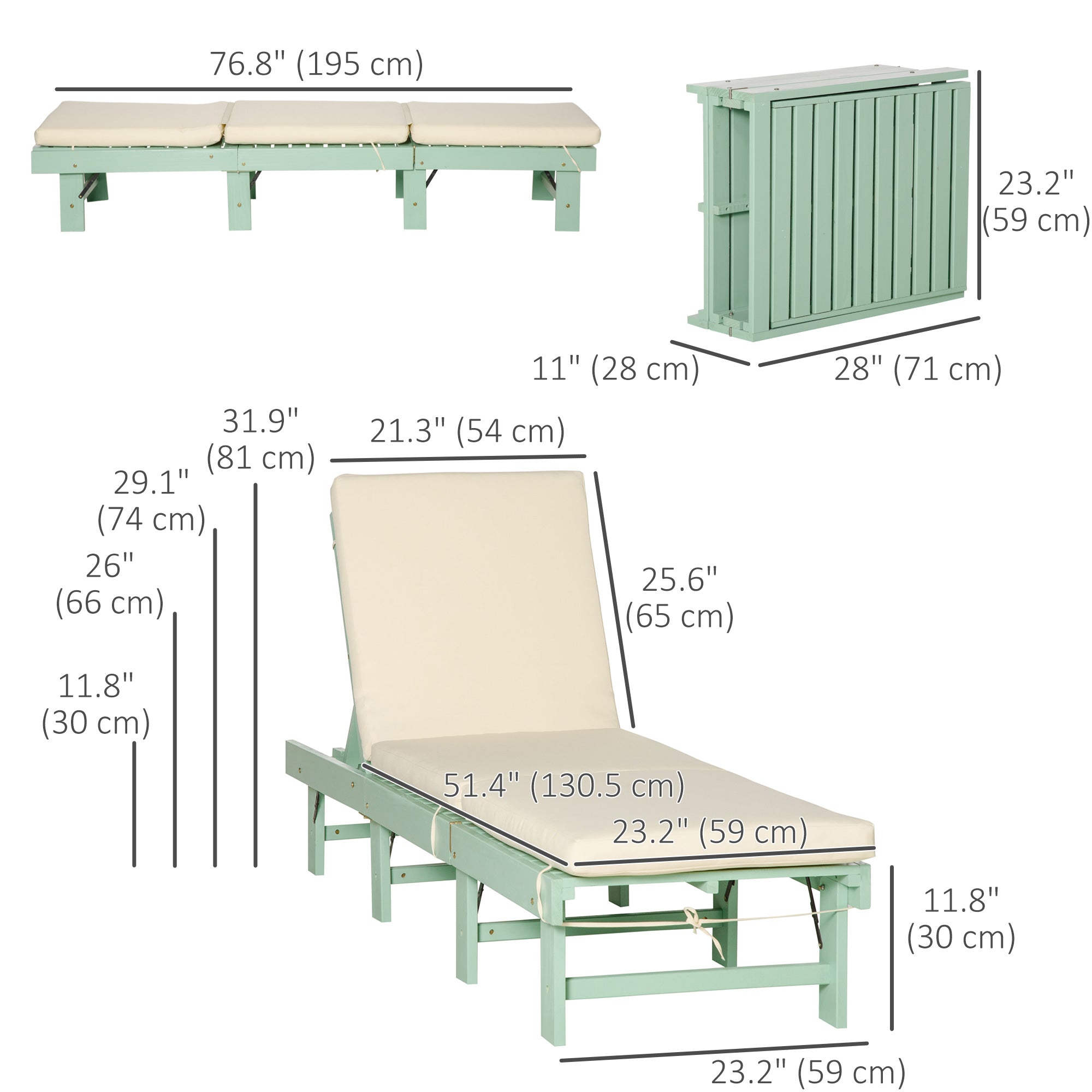 Outsunny Outdoor Sun Lounger Wooden Garden Reclining Chair 4 Adjustable Back Soft Cushion Green