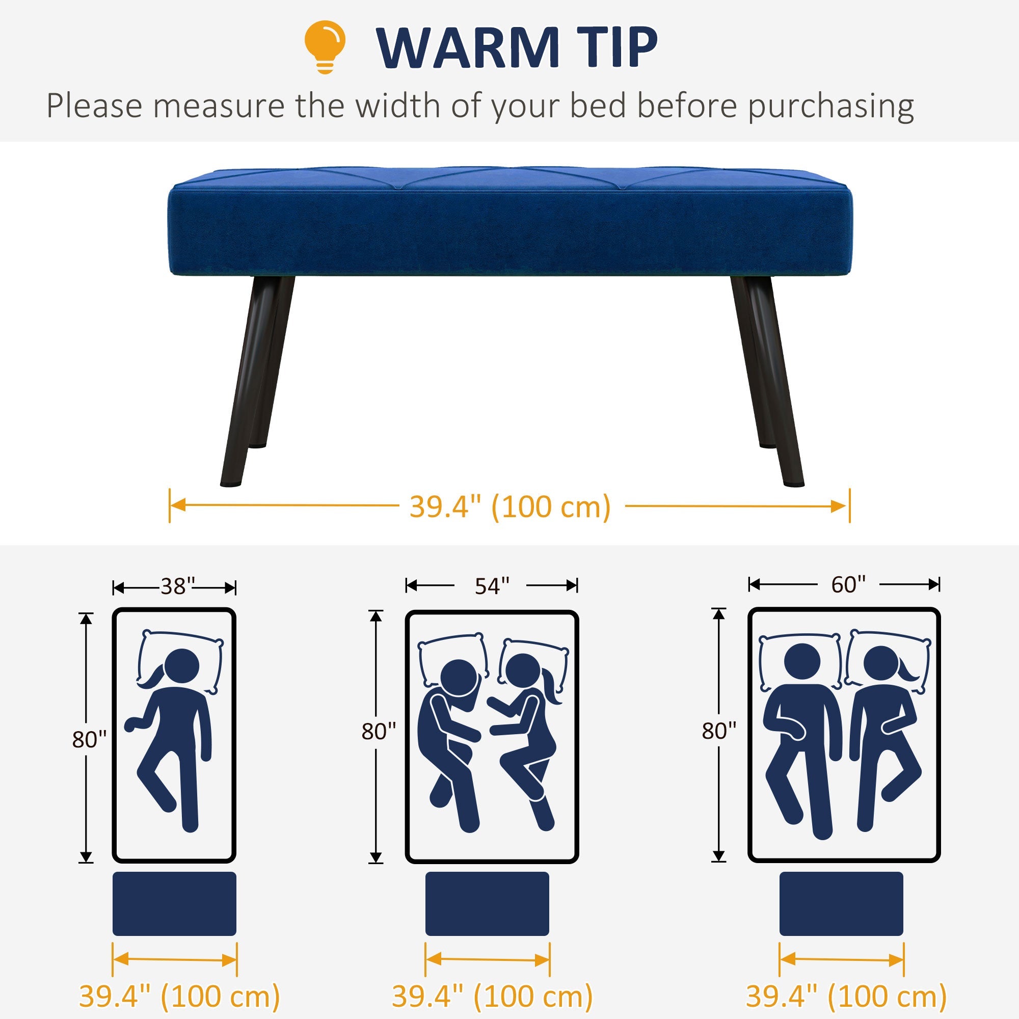 HOMCOM 39 Inches Upholstered Bedroom Bench, Modern End of Bed Bench with Steel Legs, Dark Blue