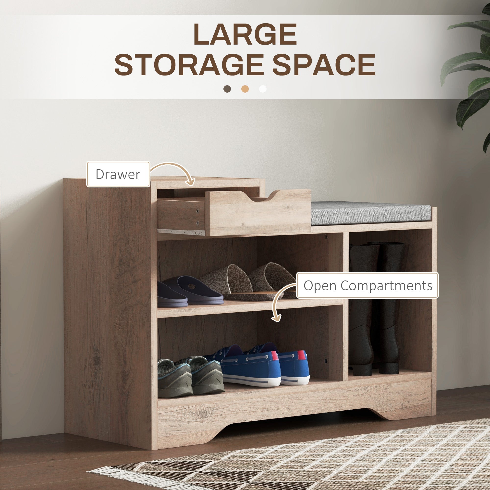 HOMCOM Upholstered Shoe Storage Bench, Hallway Shoe Storage with Seat, Drawer, 3 Open Shelves for Entryway, Grey