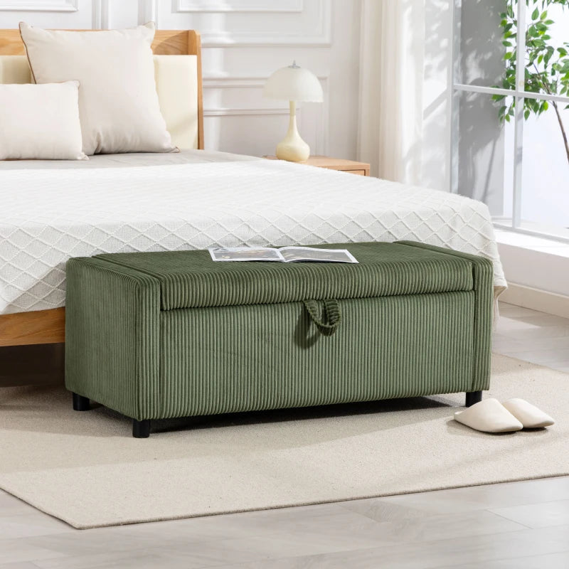 Storage Ottoman, Upholstered Corduroy End of Bed Bench with Thick Padding, Storage Bench for Bedroom, Dark Green
