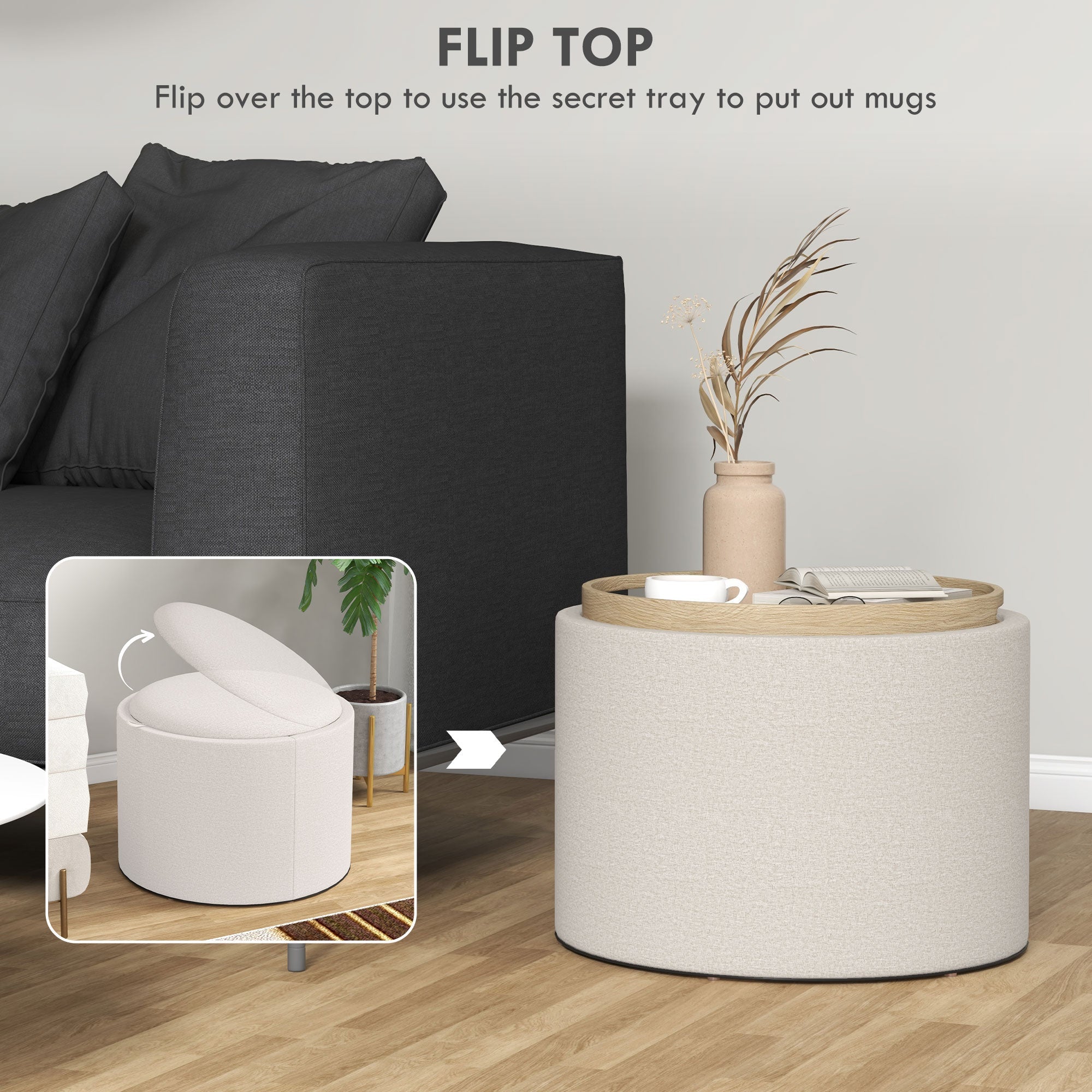 HOMCOM Unique 22" Round Coffee Table Cream White with Storage Removable Tray Non-slip Footpads for Living Room