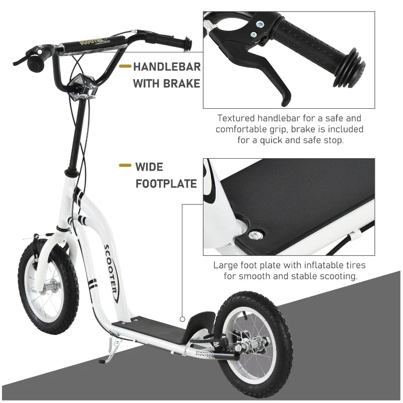 Aosom Dual Brakes Kick Scooter 12-Inch Inflatable Front Wheel Ride On Toy for Age 5+, White
