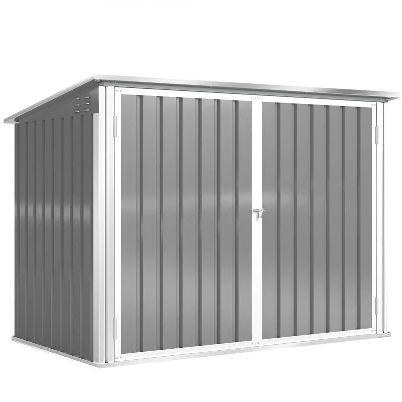 Outdoor Metal Storage Shed Garden Garbage Can Organizer with Double Door and Vents for 2 Trash Cans, Light Grey