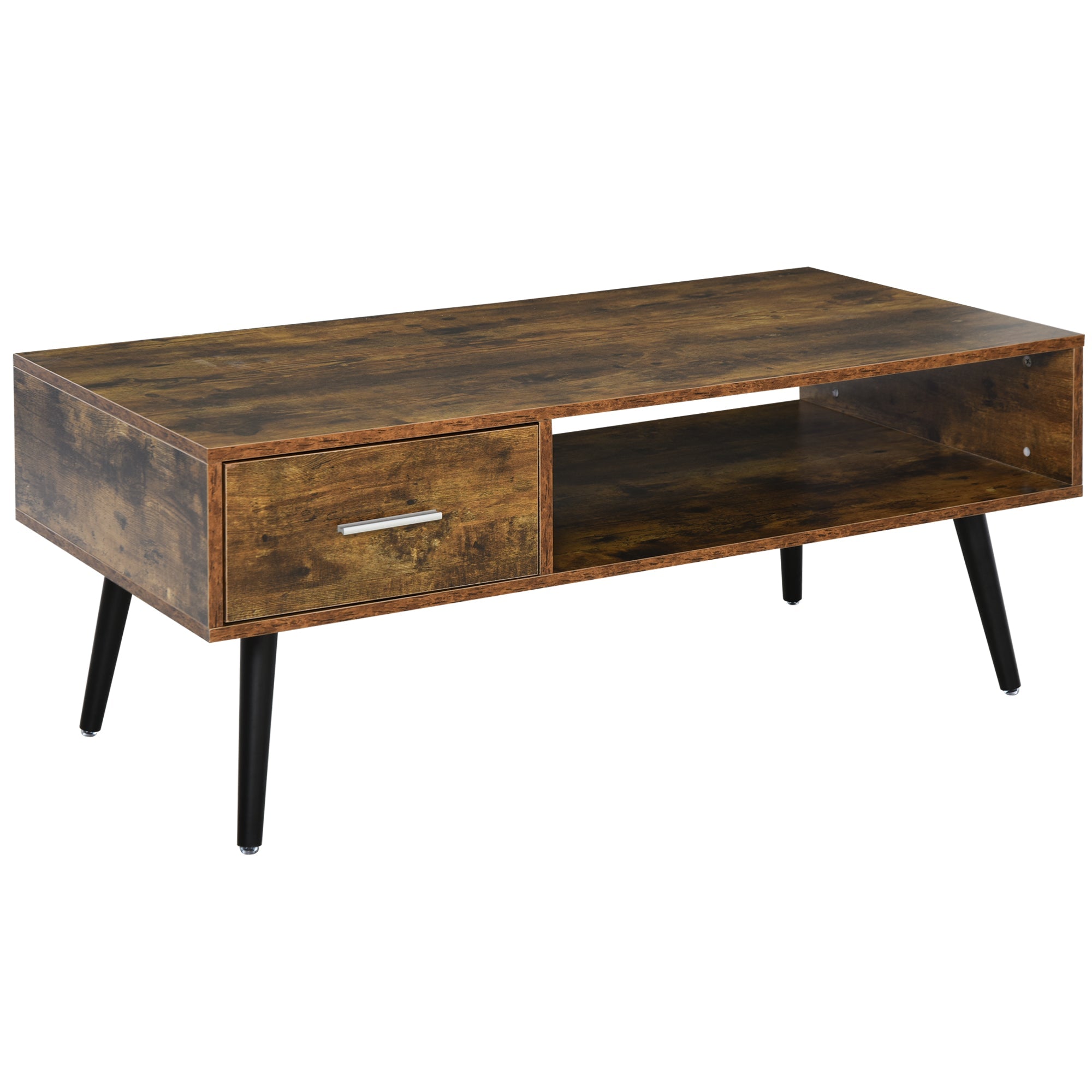 HOMCOM Rustic Brown Retro Coffee Table: Vintage Wooden Center Table with Storage Shelf and Drawer for Living Room