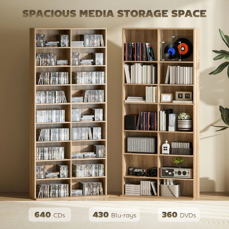 9-Tier DVD Shelf with 18 Compartments and 14 Adjustable Shelves, Holds 640 CDs, 360 DVDs or 430 Blu-rays, Natural Wood